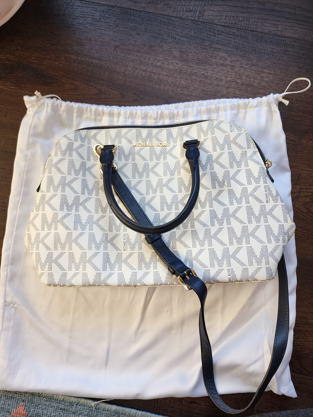 Michael Kors White Logo Satchel with Navy Trim
